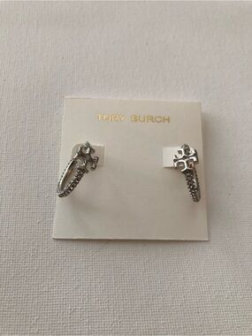 Tory Burch Silver Logo Crystal Huggie Earrings